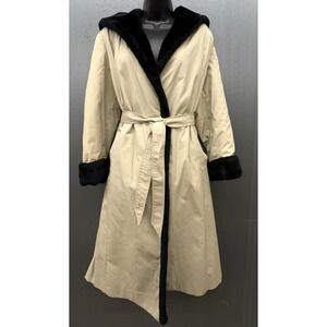 Vtg Trench Coat Women M Beige Black Faux Fur Hood Pockets Luxury Retro Mob Wife